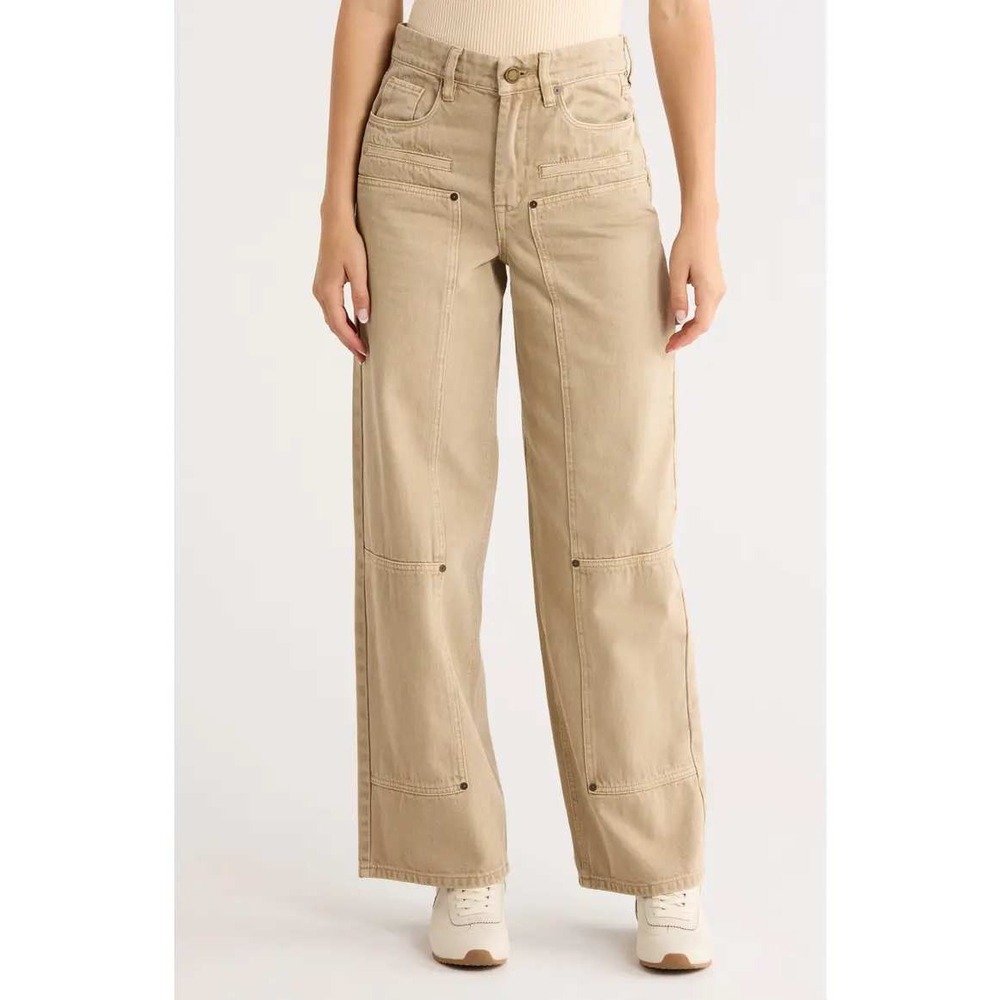 NWT BlankNYC Franklin Wide Leg Jeans Womens 27 Tan Pigment Dye Studded Paneled